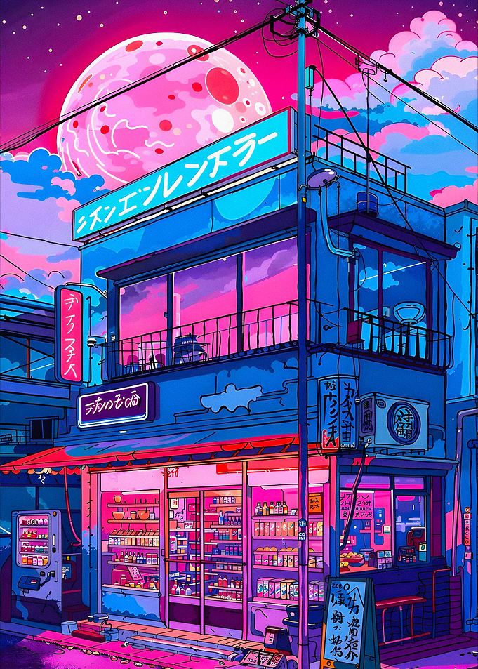 Neon Anime Convenience Store at Night