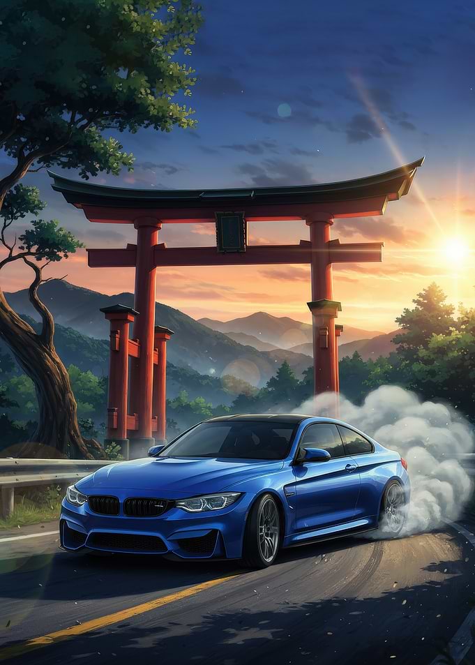 Drifting Car at Japanese Torii Gate