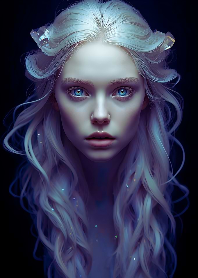 Ethereal Woman with Blue Eyes and White Hair