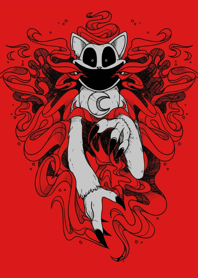 Creepy Cat Character with Moon Symbol
