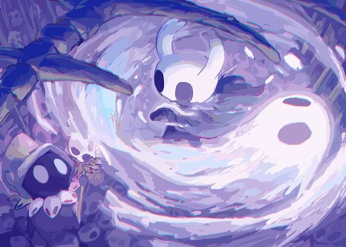 Hollow Knight Characters in Swirling Purple Haze