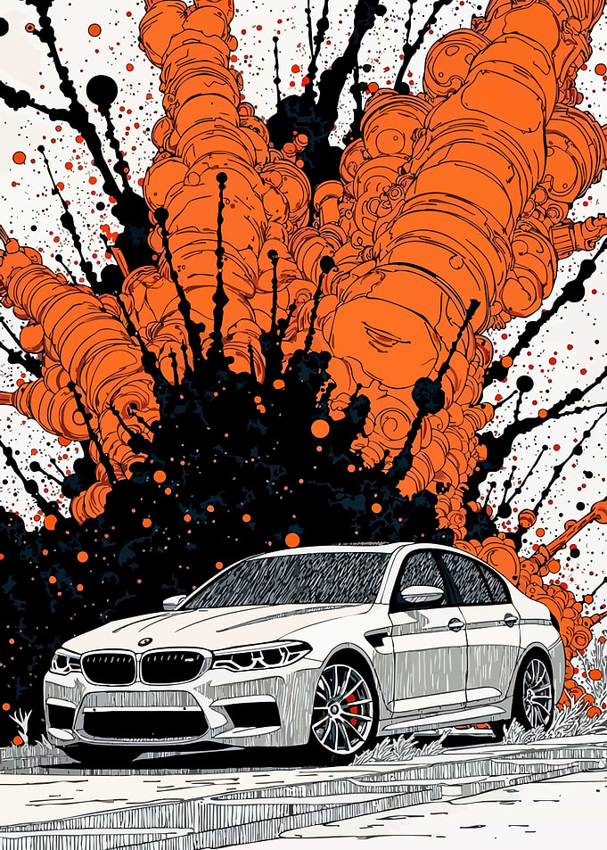 White BMW M5 with Orange Explosion