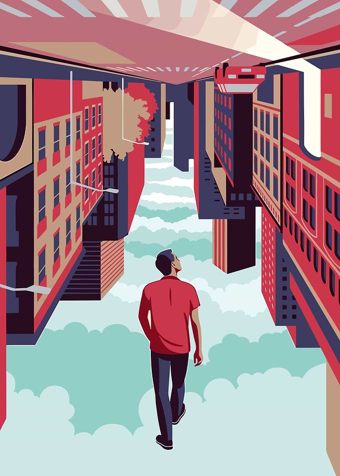 Man walking through surreal cityscape