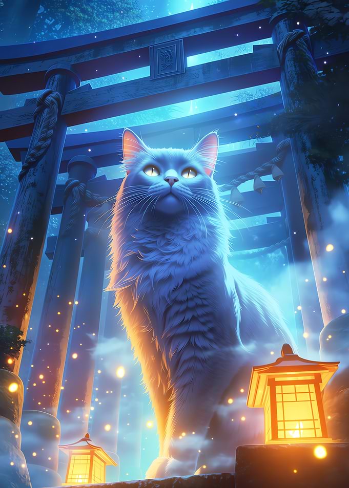 Shrine Guardian Cat and Sacred Torii