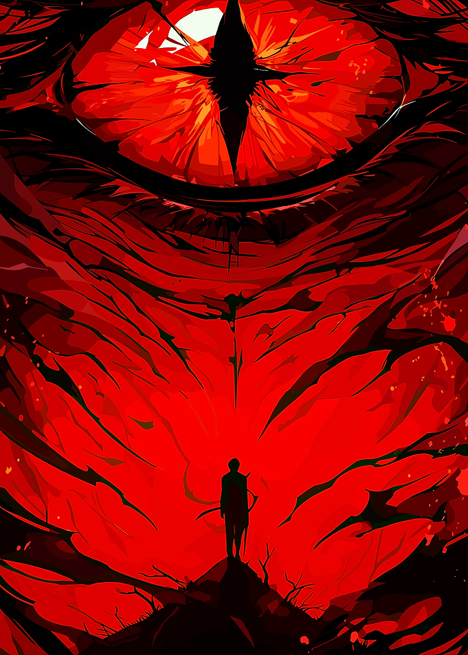 Giant Red Eye Overlooking a Lone Figure