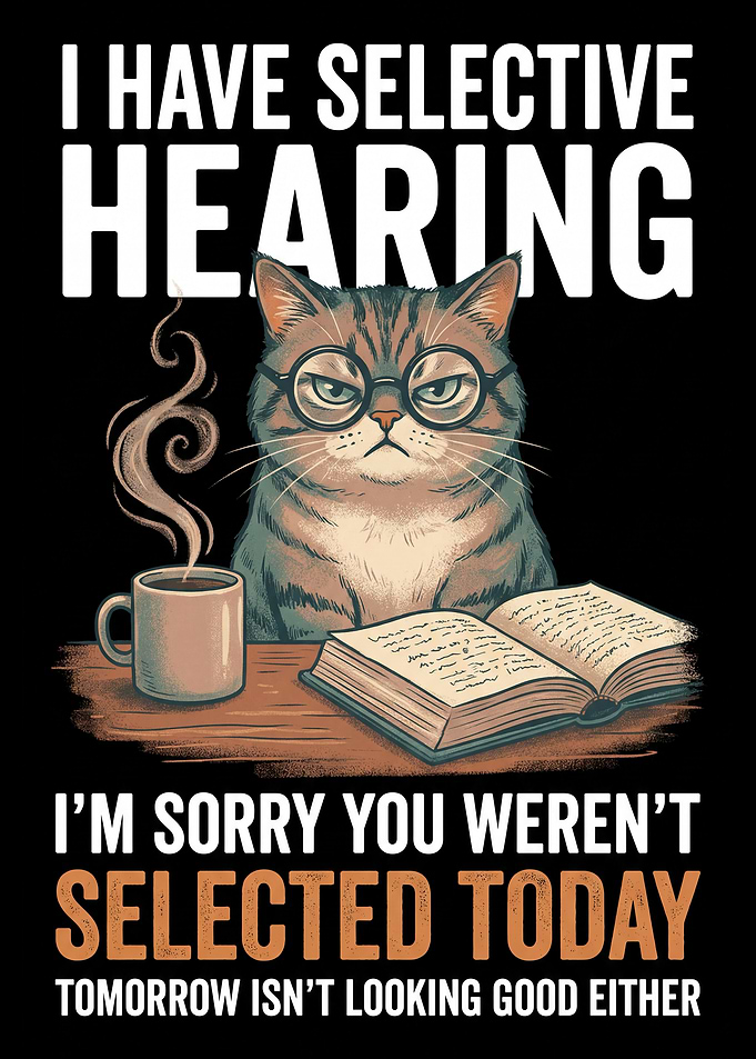 Selective Hearing Cat with Coffee and Book