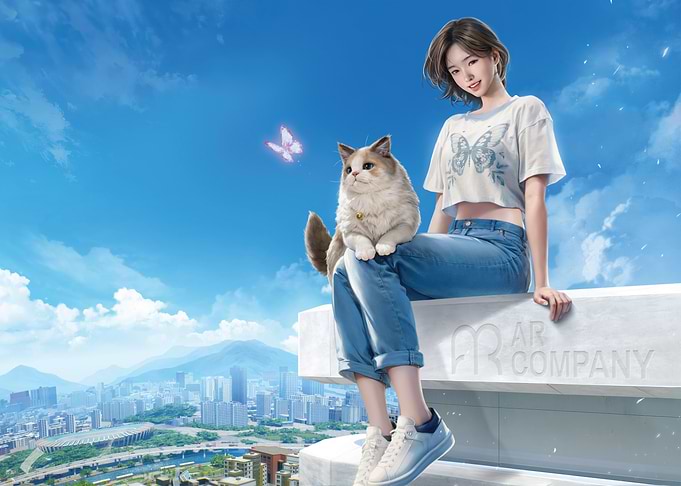 inzoi Girl with cat on rooftop overlooking city