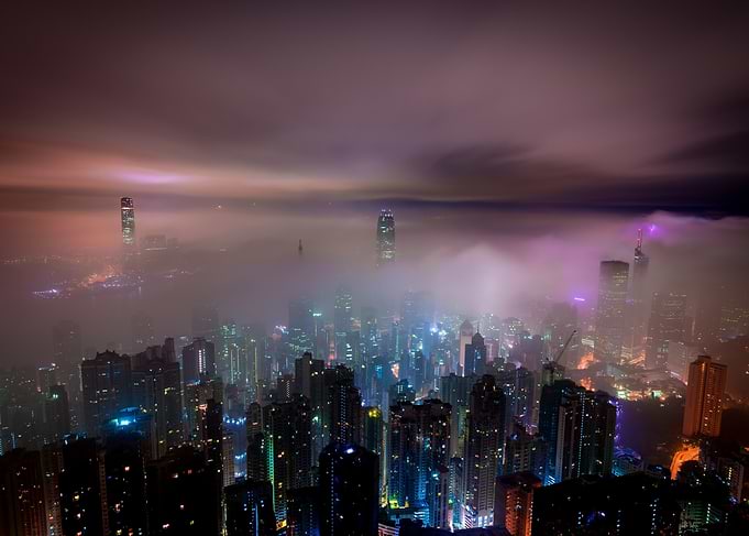 Foggy Cityscape at Night