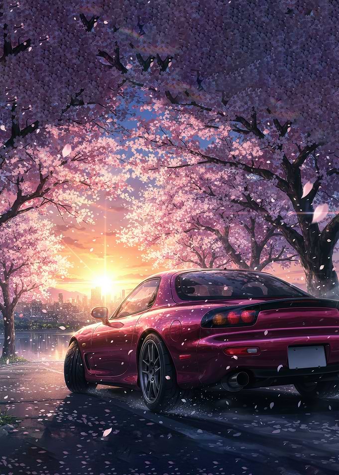 Sports car under cherry blossoms