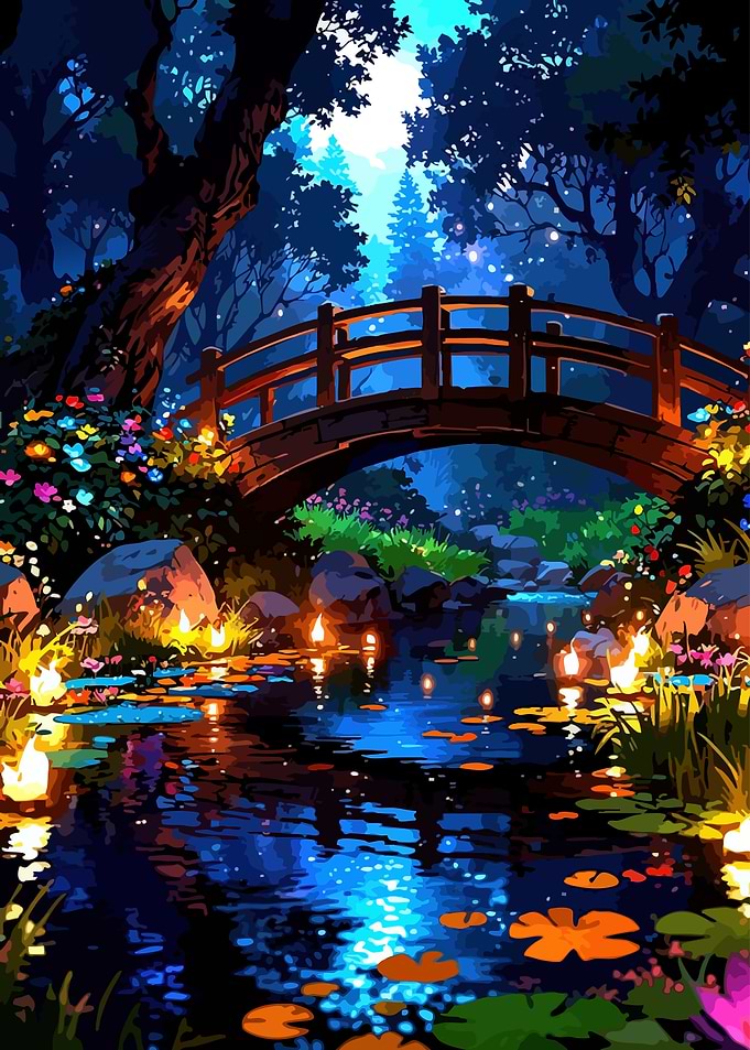 Enchanted Forest Bridge at Night