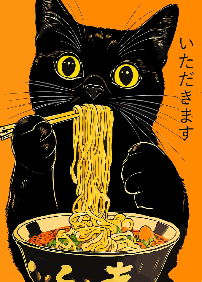 Black Cat Eating Ramen