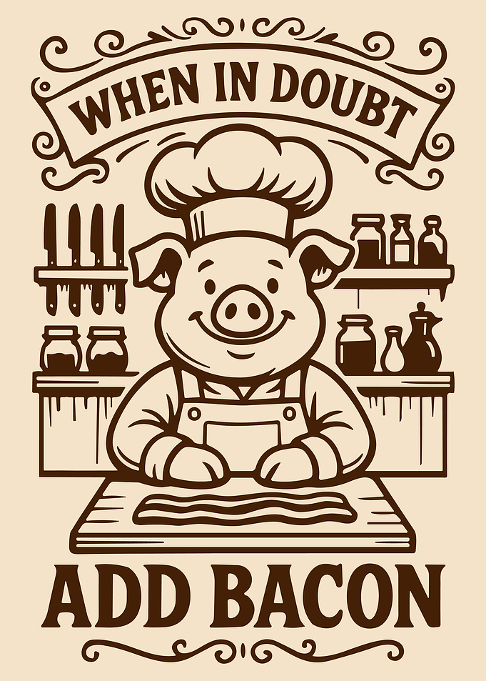 When in Doubt Add Bacon Poster, Funny Pig Chef Kitchen Wall Art, Food Humor Print