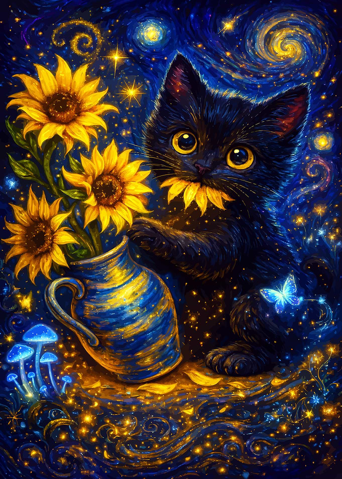 Cute Black Kitten with Sunflowers