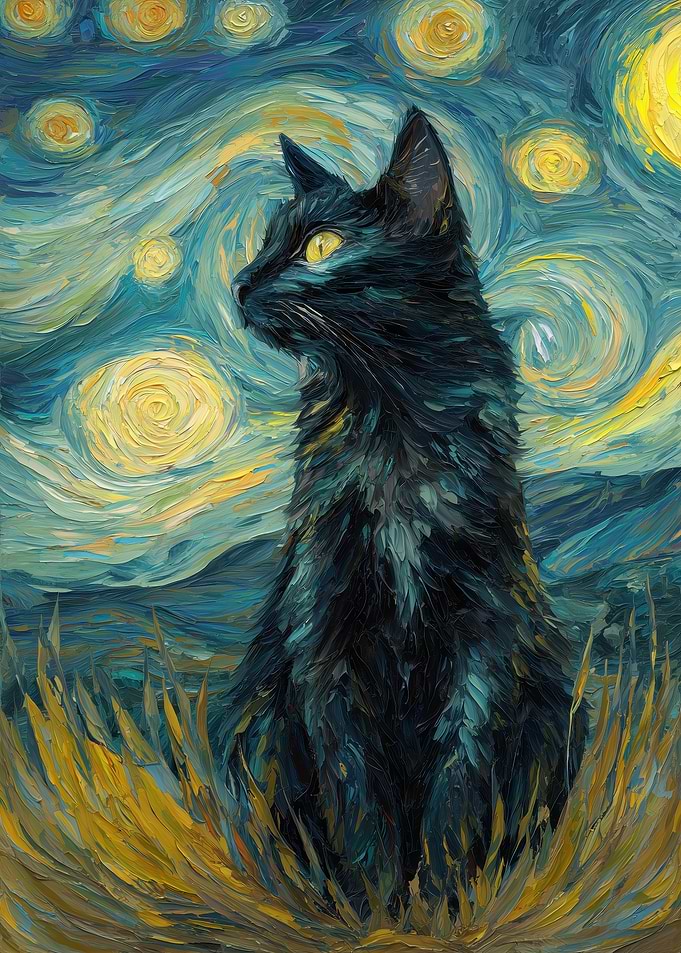 Black Cat in Starry Night Style