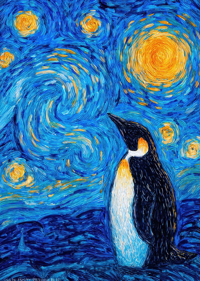 Penguin in Starry Night Sky
