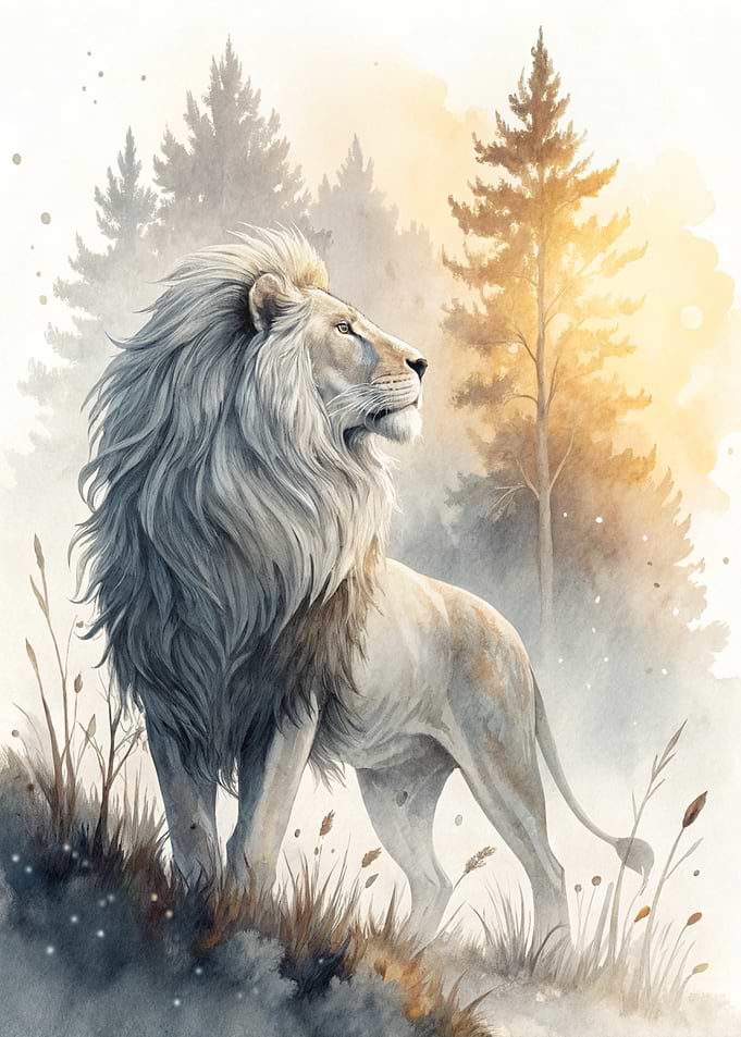 Majestic White Lion in Misty Forest