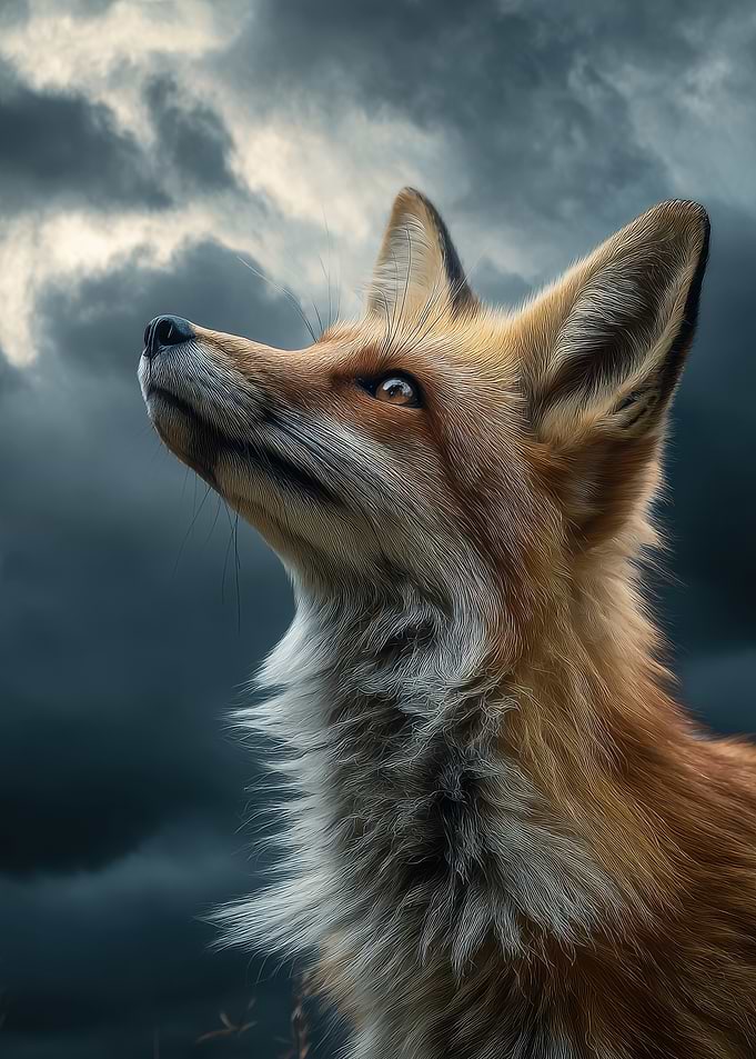 Fox Looking Up at Stormy Sky