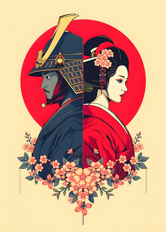 Samurai and Geisha with Cherry Blossoms