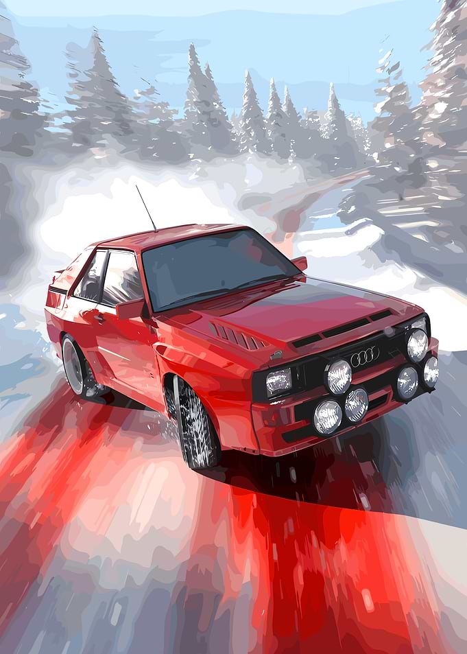 Red Audi Quattro Rally Car in Snow