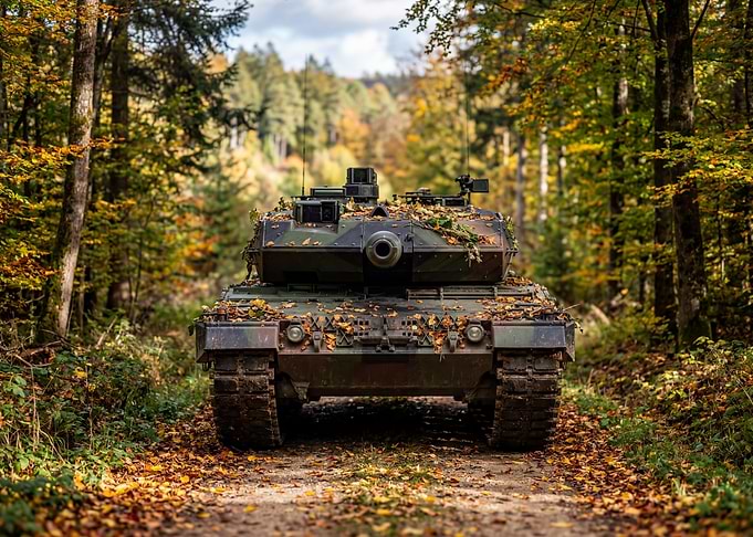 Leopard 2 tank in autumn forest