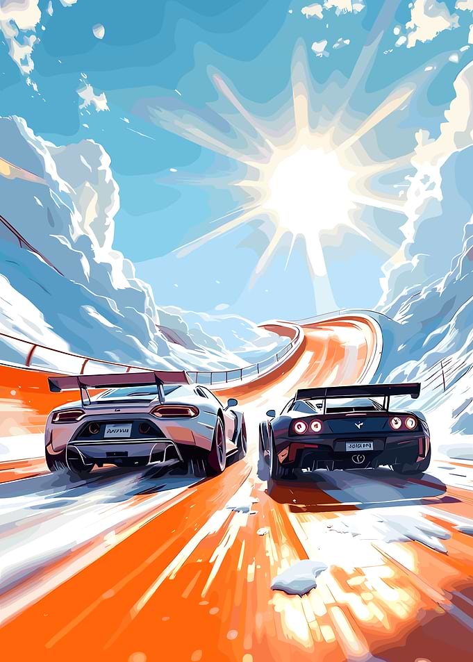 Racing Cars on a Snowy Mountain Track