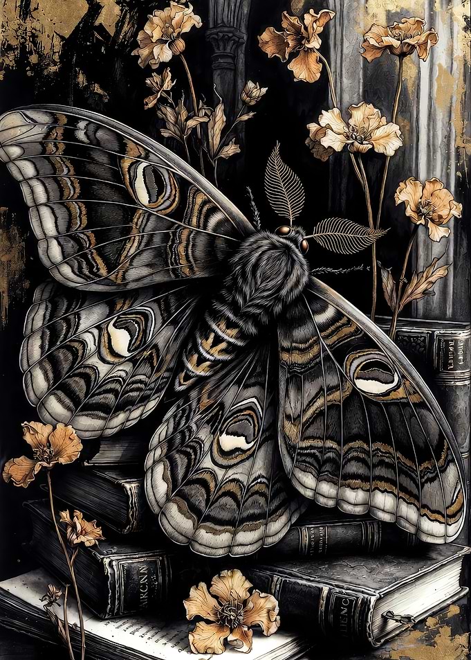 Moth on Books with Flowers