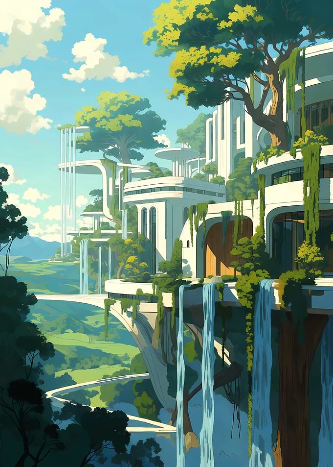 Futuristic eco-city with waterfalls