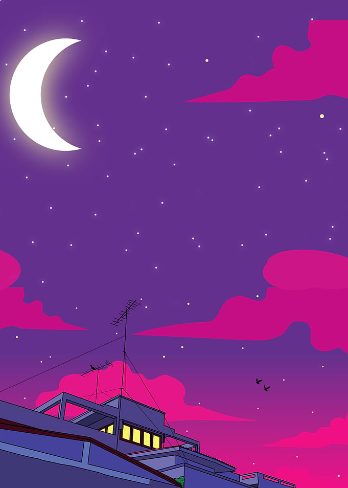 Night Sky Over City Rooftops