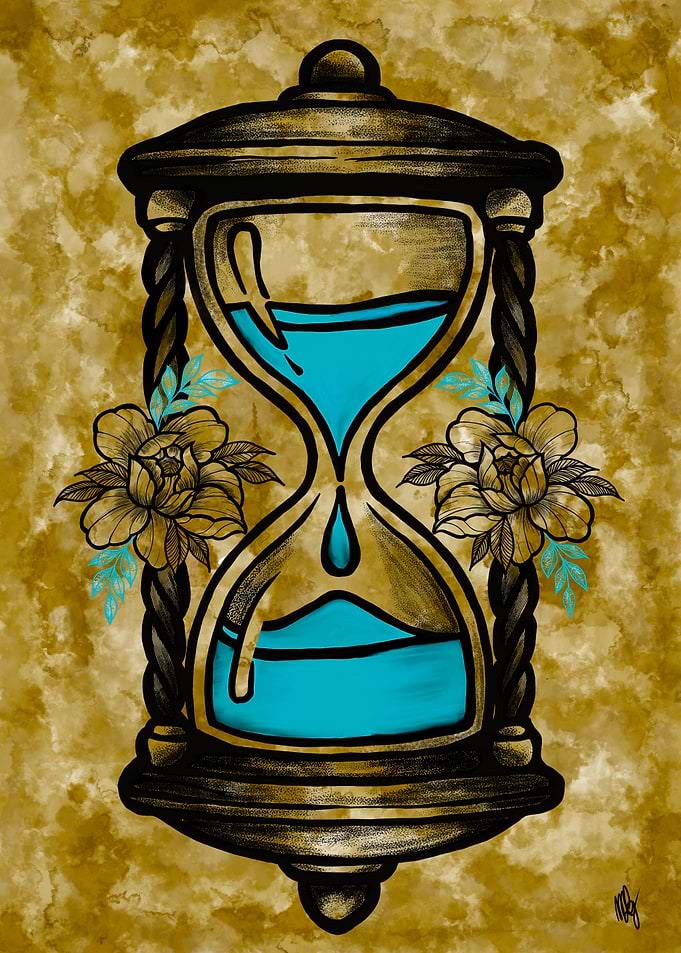 Hourglass with Flowers and Blue Liquid