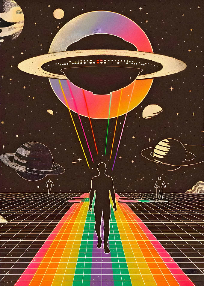 Retro Space Odyssey with UFO and Rainbow Path