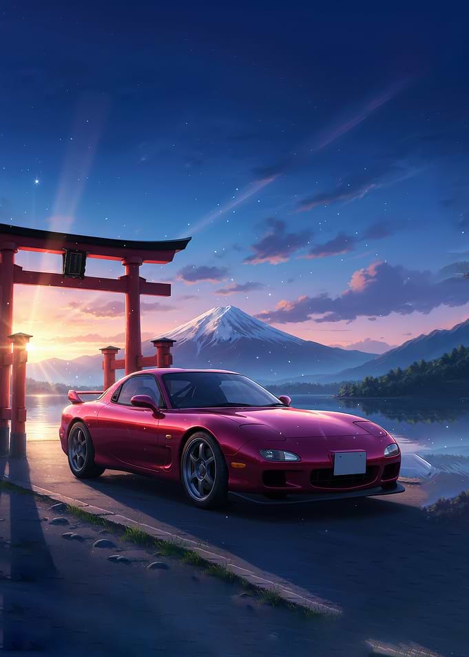 Red Sports Car at Mount Fuji