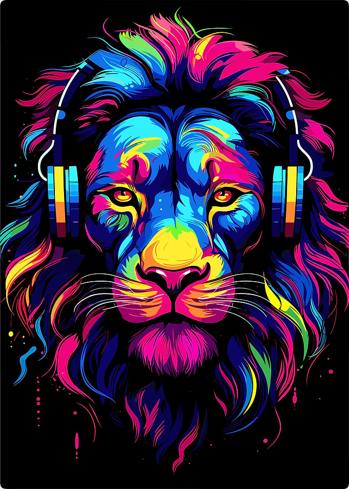 Colorful Lion with Headphones