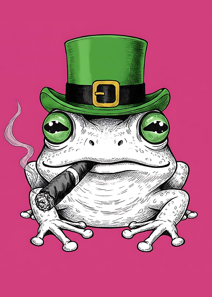 Frog Wearing a Leprechaun Hat Smoking a Cigar