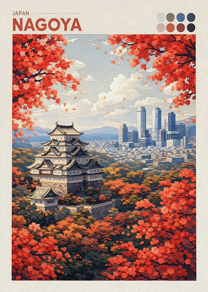 Nagoya Castle with Autumn Foliage and Cityscape