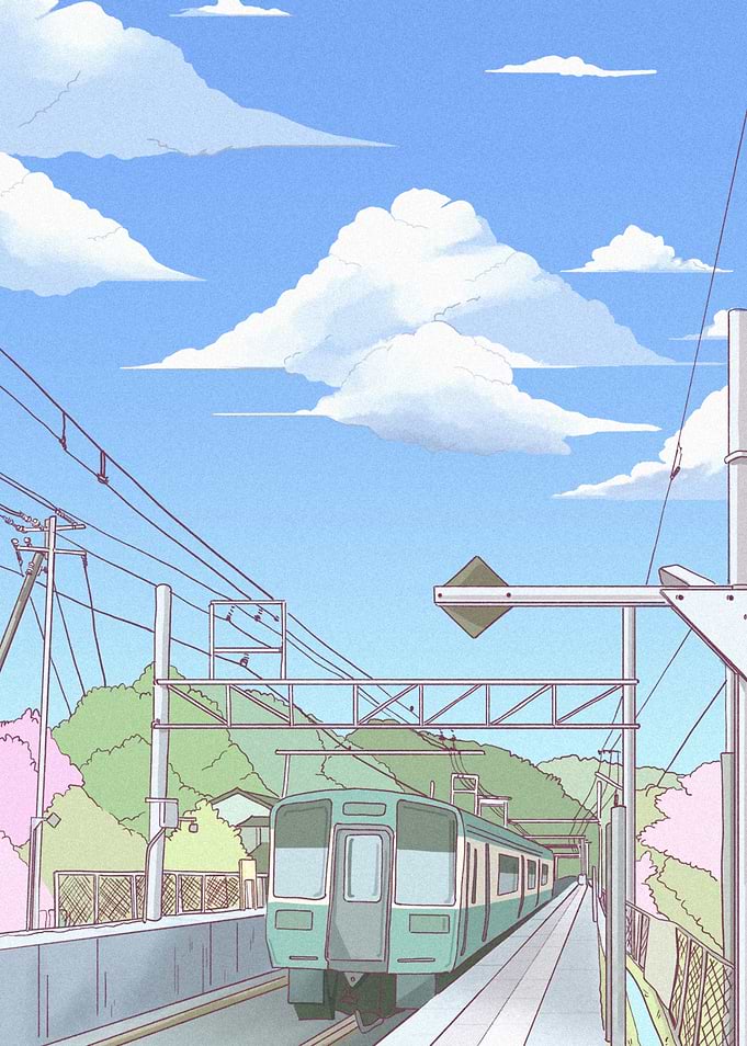 Train station with cherry blossoms and mountains