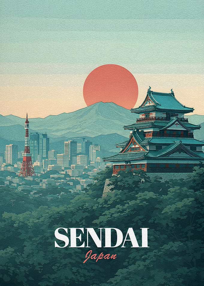 Sendai Japan Cityscape with Castle and Sun
