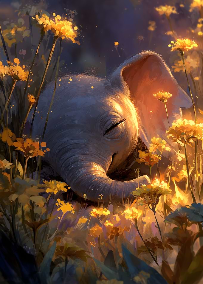 Sleeping Baby Elephant in Flowers
