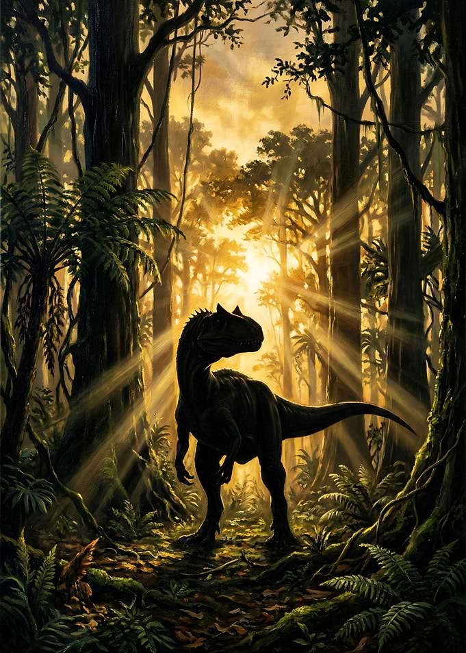 Allosaurus Dinosaur in a sunlit forest