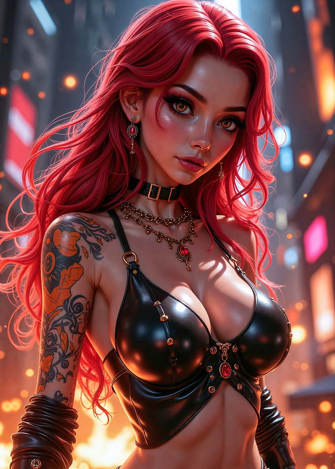 Sexy Anime Woman with Red Hair and Tattoos
