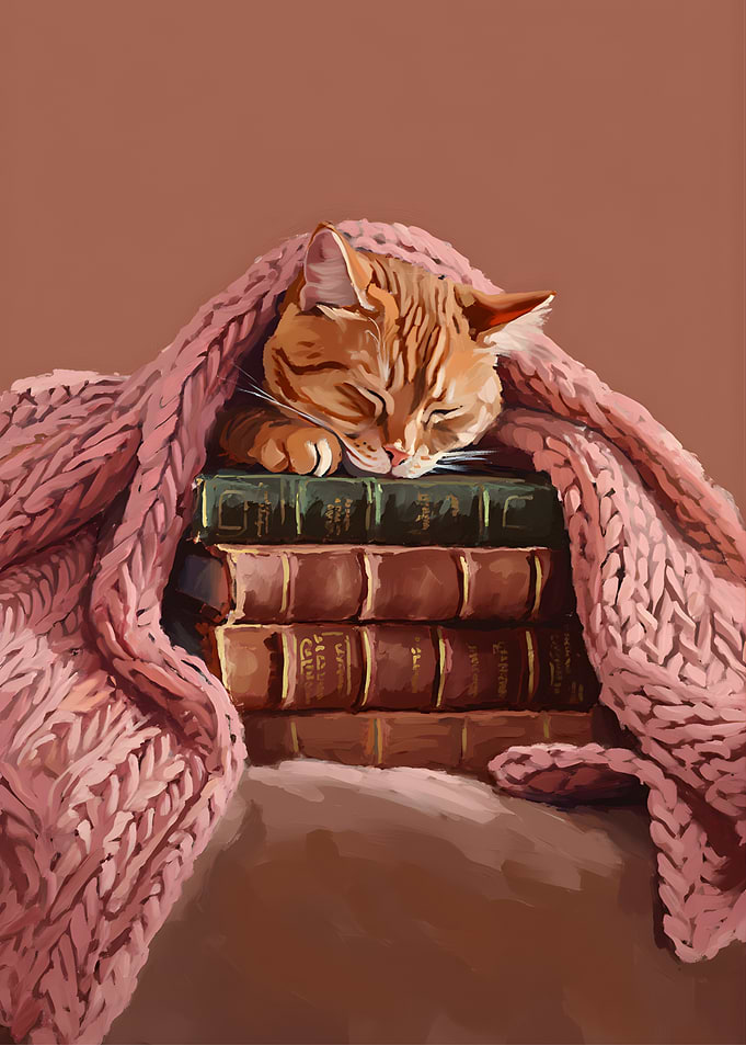 Sleeping Cat on Books Under Blanket