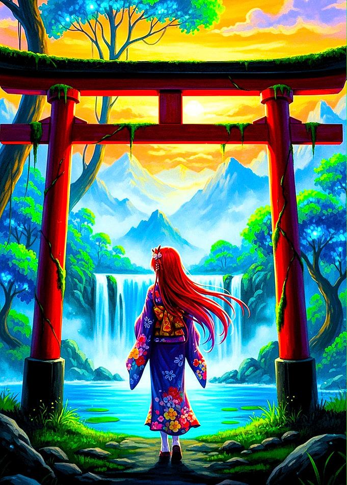 Girl in Kimono at Waterfall