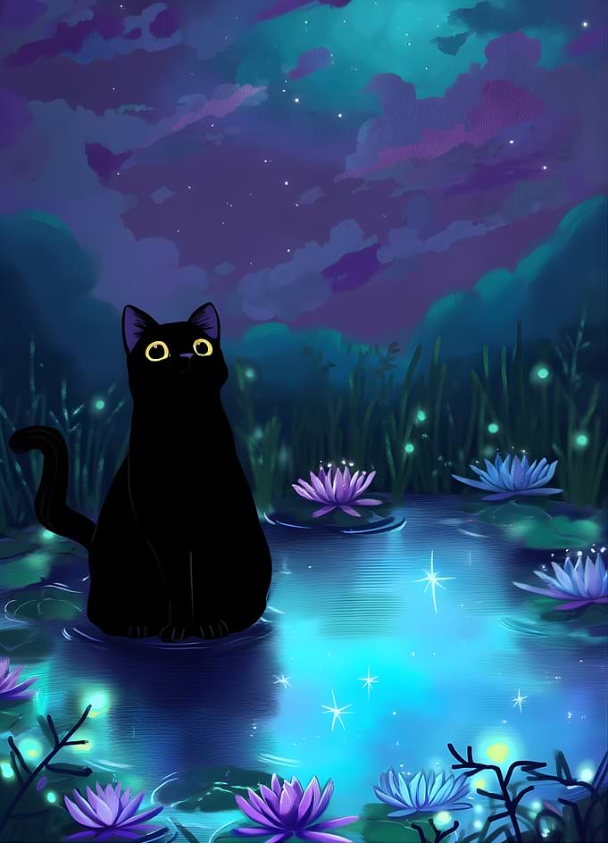 Black Cat in a Magical Night Pond