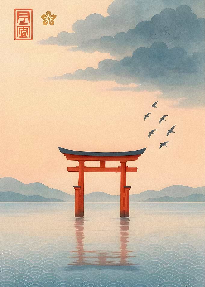 Torii Gate in Water with Birds