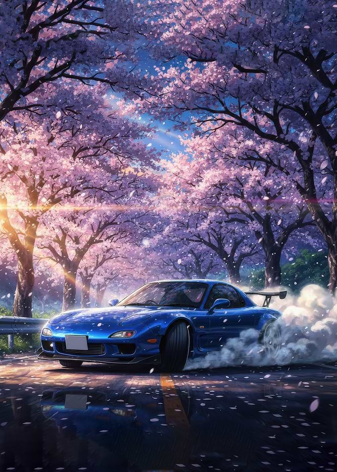 Drifting Car Under Cherry Blossoms