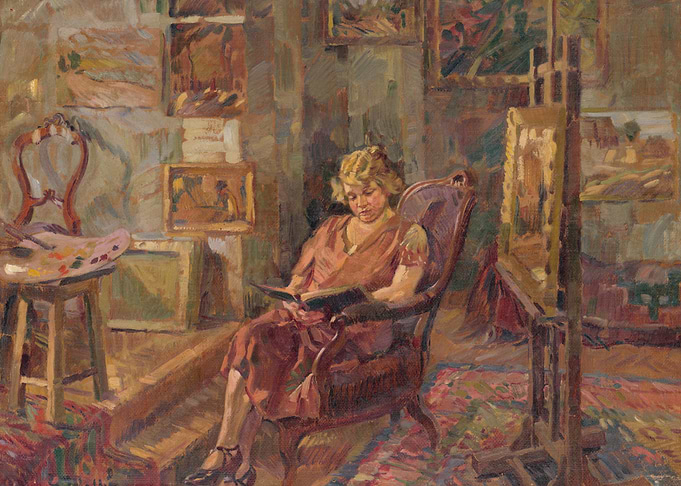 Artist's Studio Scene with Woman Reading
