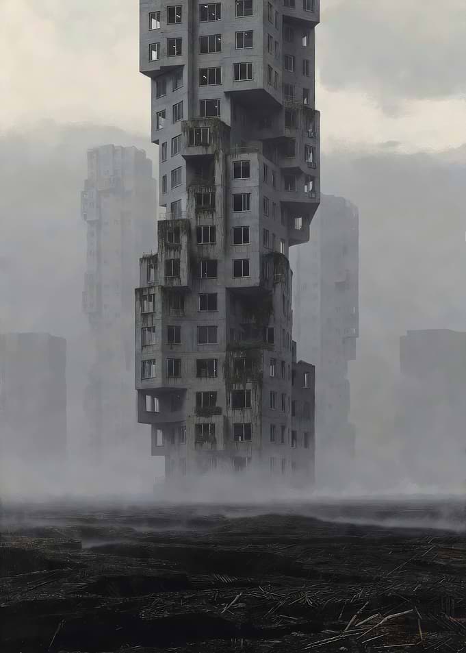 Post-apocalyptic city with abandoned skyscrapers