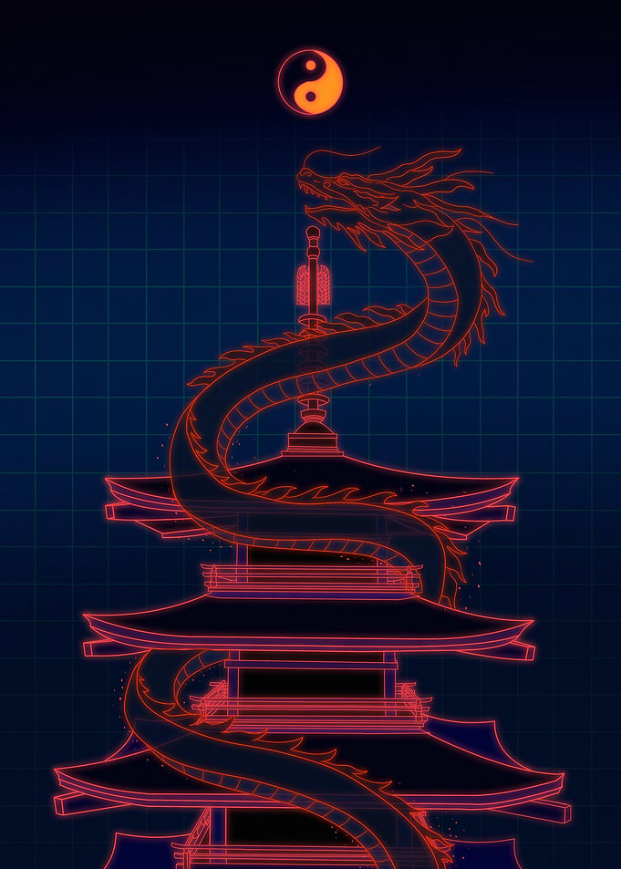 Dragon and Pagoda with Yin Yang Symbol
