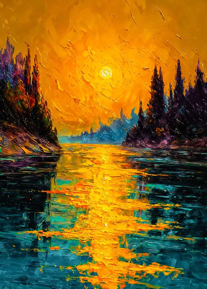 Golden Sunset Lake Landscape Painting