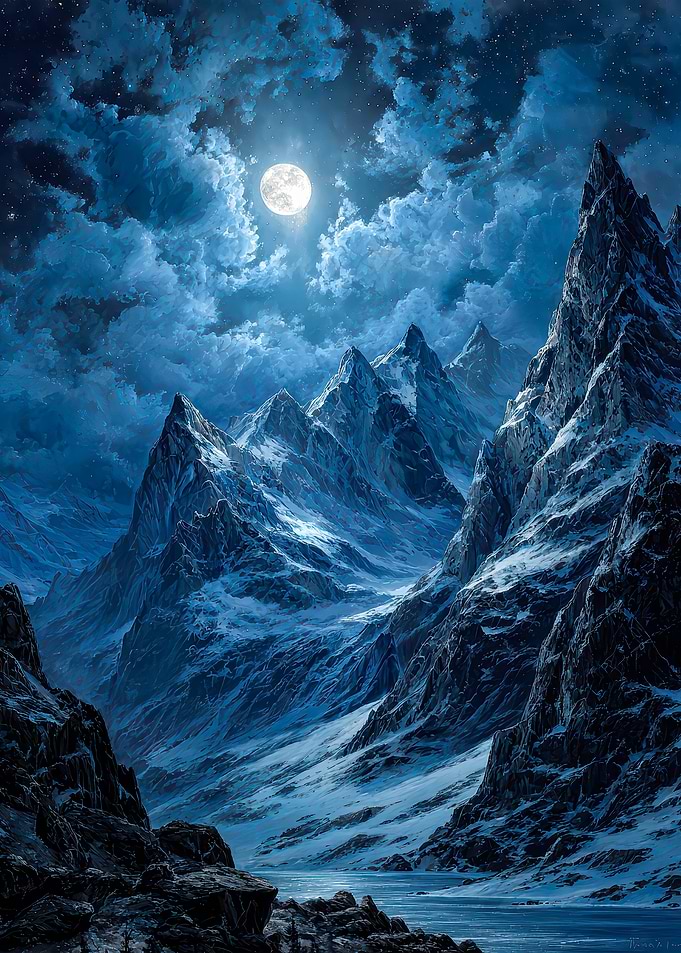 Full Moon Over Snowy Mountains