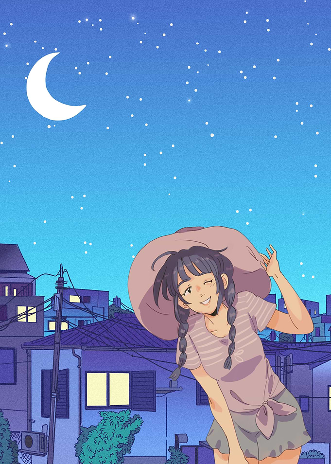 Anime Girl in a Hat at Night